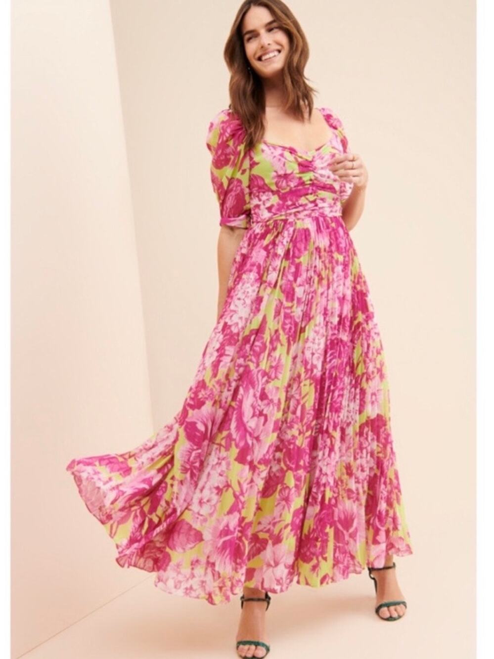 ROCOCO SAND Havana Floral Maxi Dress Puff Sleeve Backless Cottagecore Boho Pink
